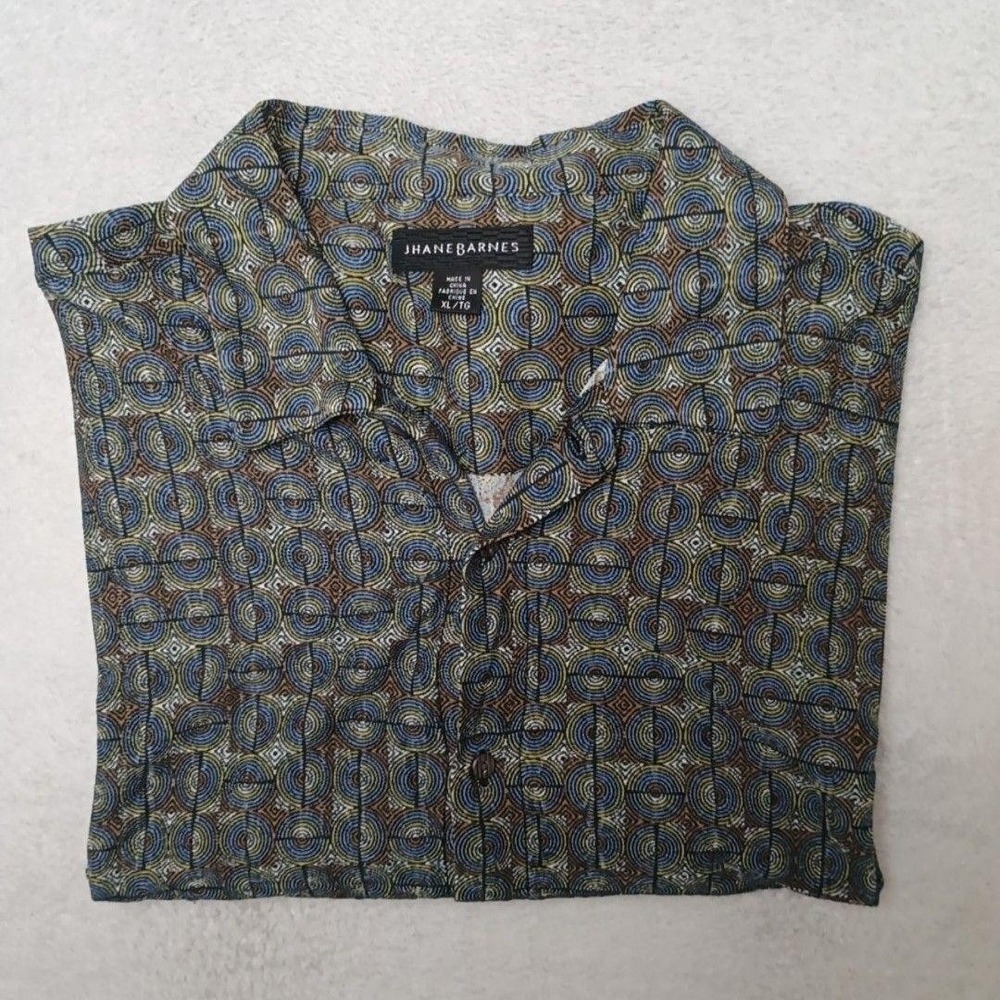 Jhane Barnes Shirt Mens XL Multicolor Silk Button-Up Short Sleeve Abstract Work